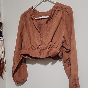 We The Free Tan Button-Up Crop Blouse